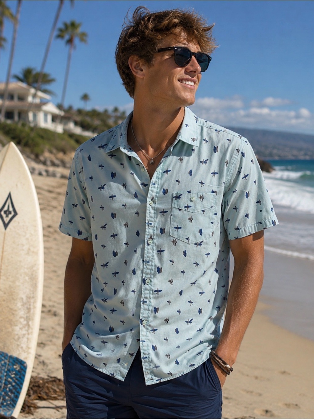 Free Planet Mens Medium Blue Surf Print Button Up Shirt Short Sleeve Beach